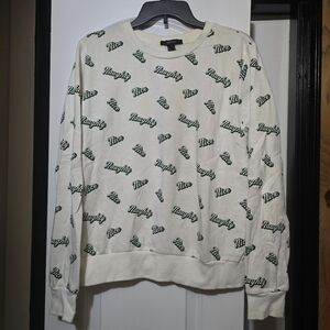 Forever 21 Women's White Lightweight Crewneck Sweater W 'Naughty' & 'Nice' Print